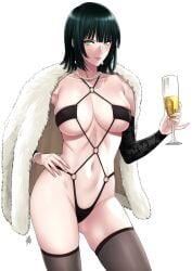 1girls alcohol bikini blunt_bangs blush bob_cut breasts champagne champagne_flute coat coat_on_shoulders cup dark_green_hair detached_sleeves drinking_glass earrings fubuki_(one-punch_man) fur_coat fur_trim green_eyes green_hair hand_on_hip hand_on_own_hip highleg highres holding holding_cup jewelry large_breasts looking_at_another looking_at_viewer navel necklace one-punch_man pearl_necklace revealing_clothes seductive seductive_eyes seductive_look seductive_smile short_hair shorts smile smiling smiling_at_another swimsuit thighhighs xtermination