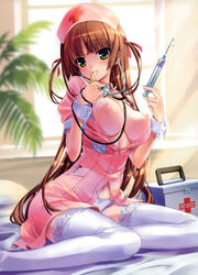 1girls ashishun bandaid breasts copyright_request female first_aid_kit green_eyes hair_ribbon high_resolution hime_cut lace lace-trimmed_thighhighs large_breasts long_hair milk navel nipples no_bra no_pants nurse open_clothes open_shirt panties pointy_chin puffy_nipples ribbon seductive_smile shiny shiny_skin shirt sitting smile solo stethoscope syringe thighhighs underwear white_legwear wrist_cuffs yokozuwari