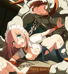 aqua_eyes bent_over blue_eyes blush breasts broken_chain brown_hair chained_collar chained_together chains collar doggy_style happy_birthday helpless huge_tongue leash monster nipples open_mouth original rape restrained saliva sex short_hair slave takagi_(tansuke) tansuke tear thighhighs torn_clothes torn_shirt torn_thighhighs translated