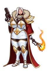 1girls adepta_sororitas armor armored_female big_ass big_breasts blazbaros blush blush breasts_bigger_than_head cape cloak closed_eyes dress female fire flame flamethrower fleur-de-lis fleur-de-lis_(symbol) fur_trim gold_(metal) gold_jewelry gun hair_ornament heels long_hair nun order_of_the_sacred_rose pistol robe shoulder_pads sister_of_battle skull skull_ornament smile smiling solo solo_female solo_focus thick_thighs torch warhammer_(franchise) warhammer_40k white_background white_hair wide_hips