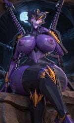 ai_generated airachnid big_breasts cave da_fembot_maker_(ai) evil_smile female fembot glowing_eyes living_machine nipples purple_body robot sitting thick_thighs transformers transformers_prime trawert voluptuous