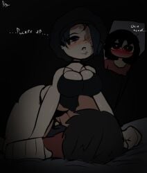 blush bonnet breasts circe_pinkie(giygal) dominant dominant_female domination giygal goth goth_girl goth_mommy lip_piercing looking_at_another looking_down mommy_dom mommy_kink oc original_character pinned_down pinned_to_bed romantic tattoo_on_face thighs wholesome