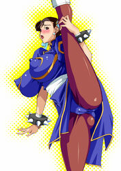 ass blush breasts cameltoe capcom china_dress chinadress chinese_clothes chun-li erect_nipples huge_breasts large_breasts leg_lift mimasaka_hideaki nipples pantyhose street_fighter