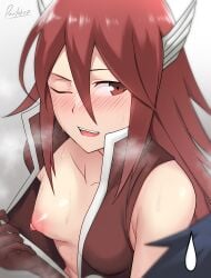 breasts breasts_out chrom_(fire_emblem) cordelia_(fire_emblem) devilukez fire_emblem fire_emblem_awakening flashing flashing_breasts flat_chest long_hair nintendo nipples red_eyes red_hair small_breasts sweat sweatdrop sweaty sweaty_body sweaty_breasts