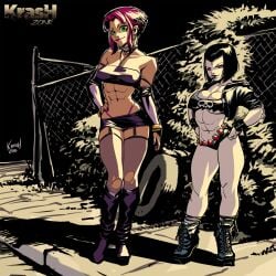 2girls abs alien_girl black_hair boots female female_only fishnets forehead_jewel full_body green_eyes krashzone large_breasts medium_breasts multiple_girls outdoors prostitution raven_(dc) red_hair starfire superheroine taller_girl teen_titans titans