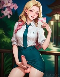 1futa ai_generated big_penis blonde_hair dickgirl erection esendor futanari kitagawa_marin long_hair looking_at_viewer pink_eyes solo stable_diffusion testicles two_tone_hair