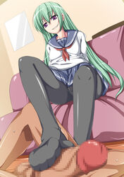 censored feet footjob green_hair grin long_hair mitsuki_(toriaezu) naughty_face original panties panties_under_pantyhose pantyhose pantyshot pantyshot_sitting penis purple_eyes school_uniform sitting smile solo underwear