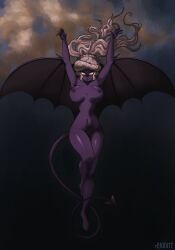 bat_wings demon_girl demon_horns demon_tail dyonite huge_breasts painting_(artwork) pinup purple_skin thrill_(dyonite)