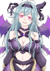 bad_id bad_twitter_id bare_shoulders blue_hair breasts carbon_pad chaos_aurora_(grimms_notes) collarbone detached_sleeves female gem grimms_notes hair_ribbon highres long_hair medium_breasts messy_hair midriff navel open_mouth purple_gemstone red_eyes ribbon simple_background smile solo teeth thorns upper_body upper_teeth_only white_background