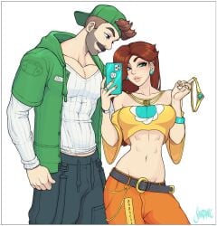 1boy 1girls abs bare_shoulders big_breasts blue_eyes brown_hair canon_couple clothed clothing color crown female hat hi_res large_breasts light-skinned_female light_skin long_hair looking_at_viewer luigi male male/female mario_(series) muscles muscular muscular_female muscular_male nintendo princess princess_daisy shardanic tagme thick_thighs