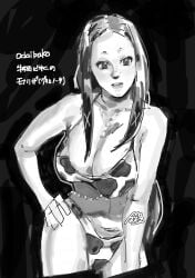 bad_id bad_twitter_id character_name copyright_name cow_print_bikini fujisan_223 grimms_notes grin hand_on_own_hip huge_breasts long_hair mona_lisa_(grimms_notes) monochrome signature sketch