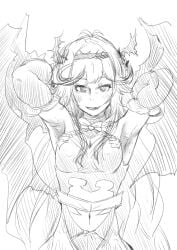 armpits black_hairband breasts chaos_aurora_(grimms_notes) female grimms_notes kewa_q_batsu long_hair midriff monochrome navel sketch smile solo