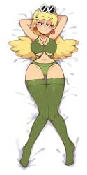 arms_behind_head artist_name barefoot bed big_breasts black_eyes blonde_hair blush cameltoe cleavage commission dakimakura earrings eyewear_on_head female full_body green_lingerie green_panties half-closed_eyes hi_res im_nayu74 leni_loud lingerie looking_at_viewer lying medium_hair no_shoes on_bed panties pussy simple_background solo sunglasses_on_head the_loud_house thick_thighs thighhighs thighs