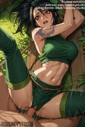 1boy abs ai_generated akali akali_(league_of_legends) arm_tattoo armpits arms_up bare_shoulders black_hair blush bondage bondage bound_wrists breasts brown_eyes clothed_female_nude_male clothed_sex clothing crop_top english_text female female grass jousneystudio large_breasts league_of_legends legwear long_hair looking_at_viewer lying male midriff muscle navel nipples nude open_mouth outdoors penis ponytail sex shoulder_tattoo solo_focus spread_legs stomach straight sweat tattoo teeth thighhighs thighs tied_hair vagina vaginal_penetration