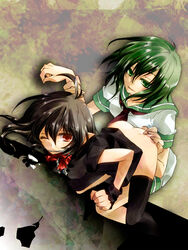 all_fours ass black_hair black_legwear black_thighhighs bottomless cleave_gag dutch_angle female gag gagged green_eyes green_hair hand_on_ass highres kneeling minamitsu_murasa multiple_girls natsume_(iravati-4u) nue_houjuu pointy_ears red_eyes sailor sailor_suit short_hair tear thighhighs touhou wince wink wrist_grab yuri