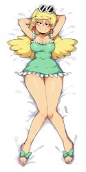 arms_behind_head artist_name bed big_breasts black_eyes blonde_hair blush cleavage commission dakimakura dress earrings eyewear_on_head female full_body green_dress half-closed_eyes hi_res im_nayu74 leni_loud looking_at_viewer lying medium_hair on_bed sandals simple_background solo sunglasses_on_head the_loud_house thick_thighs thighs