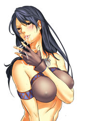 armband bare_shoulders black_hair breasts brown_eyes cleavage cum delta_zone erect_nipples fingerless_gloves gloves