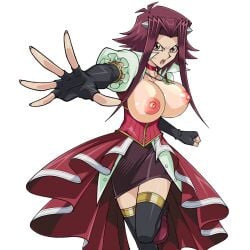 akiza_izinski big_breasts bimbo breasts breasts_out_of_clothes breasts_outside gigantic_breasts huge_breasts huge_nipples izayoi_aki large_breasts nipples red_hair topless yu-gi-oh! yu-gi-oh!_5d's