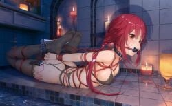 absurdres ankle_cuffs arms_behind_back bath bathroom bing_qing_xue_jie black_thighhighs bondage bound breasts brown_eyes candle choker choujigen_game_neptune collar crotch_rope cuffs egg_vibrator gag highres leash long_hair looking_to_the_side lying medium_breasts neptune_(series) neptunia_(series) no_shoes on_stomach red_hair restrained ring_gag see-through_clothes sex_toy tennouboshi_uzume thighhighs uzume_tennouboshi vibrator wet wet_clothes zettai_ryouiki