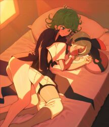 2girls ass bea_(pokemon) bed_sheet black_bodysuit black_dress blush bodysuit bodysuit_under_clothes bow_hairband breasts closed_eyes curly_hair dark-skinned_female dark_skin dress fingering fingering_from_behind green_eyes green_hair grey_hair hairband highres hug knee_pads legs multiple_girls on_bed one-punch_man pillow poke_ball pokemon pokemon_swsh shirt short_hair shorts side_slit side_slit_shorts small_breasts tatsumaki thighs tied_shirt timbocactus yuri