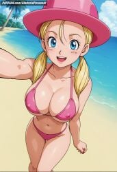 ai_generated aindroidparanoid ass beach big_ass big_breasts bikini blonde_hair blue_eyes busty covered_nipples dragon_ball dragon_ball_gt fat_ass female female_only hat hips huge_ass huge_breasts large_ass large_breasts marron massive_breasts narrow_waist nipples outdoors sand slim_waist stable_diffusion twintails waist wide_hips