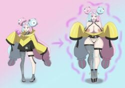 big_breasts bimbo bimbofication blue_hair breast_expansion breasts buttfang female female_focus female_only heart_eyes high_heels iono_(pokemon) lipstick nipples oversized_clothes pink_hair pokemon pokemon_sv radromu sharp_teeth tag_me tagme transformation ultratwilight