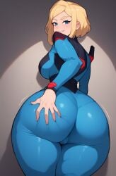 ai_generated armor ass big_breasts black_leotard black_shirt blonde_hair blue_bodysuit blue_eyes eteeming hands_on_ass holding_ass huge_ass kara_zor-el my_adventures_with_superman nude power_girl smile spanking