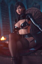 black_hair bra candle candlelight cleavage crossed_legs final_fantasy final_fantasy_vii final_fantasy_vii_remake fit_female garter_belt garter_straps high_heels lace-trimmed_thighhighs latex latex_armwear lingerie long_hair looking_at_viewer makeup panties pizz3d pose posing posing_for_the_viewer red_eyes revealing_clothes sitting sitting_on_chair stockings thighhighs tifa_lockhart