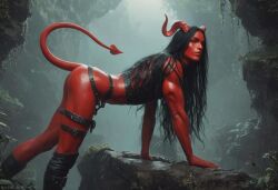 1boy ai_generated boots demon femboy hair horns long male male_only red solo straps xentor