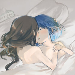 2girls akemi_homura bed black_hair blue_hair closed_eyes face-to-face female female_only hand_holding human kissing lesbian long_hair mahou_shoujo_madoka_magica miki_sayaka multiple_girls mzk_super nude on_bed short_hair sleeping tissue tissue_box under_covers yuri