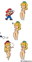 1boy 2girls ? blonde_hair blue_overalls breasts cappy_(mario) clothing crown duo facial_hair female genderswap_(mtf) human light-skinned_female light_skin luigi luigiette male mario mario_(series) moustache nebularts new_super_mario_bros._u_deluxe nintendo nipples nude nude_female princess_peach pussy red_hat smug smug_face super_mario_odyssey white_background