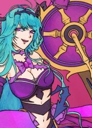 asagi_blue33 big_breasts black_hairband cannon chaos_aurora_(grimms_notes) close-up grimms_notes hairband holding_cannon holding_weapon kneeling large_breasts light_blue_hair long_hair midriff navel open_mouth smile thorns