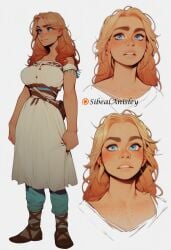 1girls ai_generated blue_eyes braid character_sheet curvaceous female female_only freckles hourglass_figure large_breast original_character photoshop_(medium) red_hair sibeal sibeal_anisley solo standing white_dress wide_hips