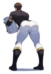 1boy ai_generated ass ass bara bending_over big_ass big_butt boots bulge bulge_through_clothing drum feet_apart presenting solo tight_pants