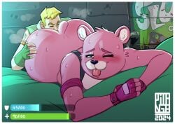 anal anthro ass bear big_butt blonde_hair blush bodily_fluids border clothing cuddle_team_leader duo epic_games female female_anthro female_on_human fingerless_gloves fortnite fur gameplay_mechanics gatogenerico gloves gui hair handwear health_bar hi_res huge_butt human human_on_anthro interspecies jonesy_(fortnite) lying male male/female male_human male_on_anthro mammal on_front one_eye_closed oral pink_body pink_fur rimming sex short_tail smile sweat tail tongue tongue_out white_border