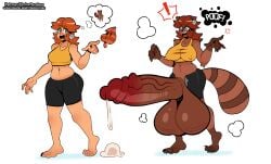 absurd_res anthro balls big_penis bodily_fluids breasts brown_body clothed clothing cum cum_drip dripping female futanari futanari_transformation genital_fluids genitals hi_res huge_cock human intersex mammal mario_(series) nintendo penis power-up princess_daisy procyonid raccoon super_leaf thegreyzen thehornyzen transformation vein veiny_penis