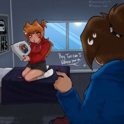 blush brown_hair caught_in_the_act clothed eddsworld ellsworld genderswap_(mtf) kissing not_porn prepare4surgery red_lipstick red_sweatshirt tamara_(eddsworld) tori_(eddsworld) yuri