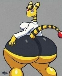 2024 ampharos anthro artist_logo artist_name artist_signature background bedroom_eyes big_ass big_breasts big_butt biped black_body black_pants black_tail brown_eyes camel_toe clothed clothing digital_drawing_(artwork) digital_media_(artwork) eyelashes female female_only generation_2_pokemon glasses glasses_on_head grey_background hi_res huge_ass huge_butt looking_at_viewer looking_back looking_back_at_viewer multicolored_body multicolored_tail nintendo pink_eyeshadow pokemon pokemon_(species) pokethot's posing signature smiling smiling_at_viewer solo tansau thick_thighs white_sweater yellow_body yellow_tail