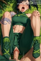 1boy abs ahe_gao ai_generated akali akali_(league_of_legends) arm_tattoo bare_shoulders black_hair blush breasts brown_eyes clothed_female_nude_male clothed_sex clothing crop_top english_language english_text female female grass jousneystudio league_of_legends long_hair looking_at_viewer lying m_legs male medium_breasts midriff muscle navel on_back on_grass on_ground open_mouth outdoors penis ponytail saliva semen sex shoulder_tattoo solo_focus spread_legs straight sweat tattoo teeth text tied_hair toned tongue tongue_out vagina vaginal_penetration