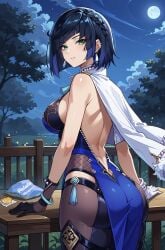 ai_generated ass black_gloves blue_dress blue_hair bracelet genshin_impact green_eyes jacket_on_shoulders looking_at_viewer moon night potato_chips shiny_ass stockings white_gloves yelan_(genshin_impact)