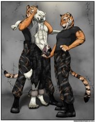 anthro balls bondage bound_ankles canine canine_genitalia canine_penis dangerdoberman fondling gay male male/male penis penis_tip sheath standing tiger wildwulf wolf