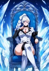 1girl ai_generated akame_ga_kill! blue_eyes boots braid braided_ponytail choker cleavage cosplay crossed_legs devilart esdeath_(akame_ga_kill!) ice looking_at_viewer medium_breasts military_uniform ponytail rwby side_ponytail sitting tattoo tattoo_on_chest thick_thighs thigh_boots throne weiss_schnee white_clothing white_hair