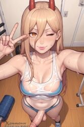 1futa ai_generated blonde_hair breasts chainsaw_man collarbone erection from_above futanari hair_between_eyes horns long_hair looking_at_viewer momodart navel one_eye_closed penis power_(chainsaw_man) selfie smile stable_diffusion sweat tagme testicles v_sign veiny_penis wet_clothes