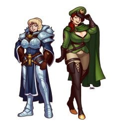 2girl 2girls adepta_sororitas aquila_(symbol) armor armored armored_female astra_militarum belt big_breasts black_lipstick blazbaros blonde_female blonde_hair blonde_hair boob_window breastplate cape cleavage cleavage_window cloak fleur-de-lis fleur-de-lis_(symbol) fully_clothed gauntlet gauntlets gloves gold_(metal) gold_jewelry green_eyes hat holding_hat hourglass_figure imperial_guard jewelry lipstick loincloth long_hair military military_uniform no_background red_hair red_hair short_hair sister_of_battle soldier soldier_uniform thick_thighs thighhighs tipping_hat warhammer_(franchise) warhammer_40k white_background wide_hips