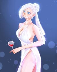 1girls big_breasts blue_eyes breasts cleavage dress female female_only hair_bun large_breasts legs lohaloooha rwby white_dress white_hair winter_schnee