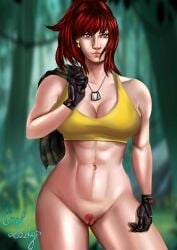 1girls abs athletic athletic_female big_breasts breasts busty collar earrings erolady female gloves huge_breasts inviting king_of_fighters leona_heidern light-skinned_female light_skin long_hair military military_uniform nature nature_background necklace no_panties no_pants red_eyes red_hair removed_clothing seductive seductive_look showing_pussy smile smiling_at_viewer standing tank_top thick_thighs thighs tied_hair toned toned_female voluptuous voluptuous_female wide_hips yellow_eyes