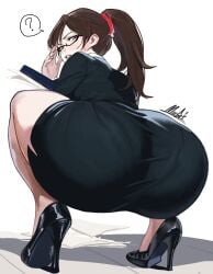 1girls ass_focus black_hair huge_ass looking_at_viewer mugi_(mugit49) office_lady squatting tagme