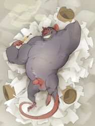 anthro coconutmilkyway dakimakura_design disney genitals leechseed male male_only mammal murid murine overweight overweight_male penis professor_padraic_ratigan_(disney) professor_ratigan rat rodent smoking solo the_great_mouse_detective