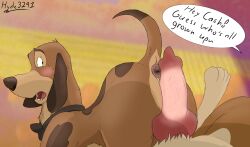 absurd_res anatomically_correct anatomically_correct_genitalia anatomically_correct_penis animal_genitalia animal_penis anus bloodhound blush bodily_fluids bow_tie brown_body brown_fur canid canine canine_genitalia canine_penis canis cash_(fath) copper_(fath) dialogue disney domestic_dog duo feral fur genitals hi_res hunting_dog hyde3291 knot long_ears looking_back male male/male mammal multicolored_body paws penis scent_hound spots sweat teeth the_fox_and_the_hound