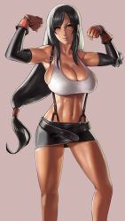 1girls big_breasts black_hair breasts brown_eyes bursting_breasts busty cleavage clenched_hands cowboy_shot crop_top detached_sleeves eu03 female female_focus female_only final_fantasy final_fantasy_vii fingerless_gloves flexing gloves hair_ribbon highres huge_breasts legs lips long_hair looking_at_viewer low-tied_long_hair midriff miniskirt muscular navel no_bra nose retro_artstyle ribbon sideboob sidelocks simple skirt smile solo standing suspender_skirt suspenders thighs tifa_lockhart toned voluptuous